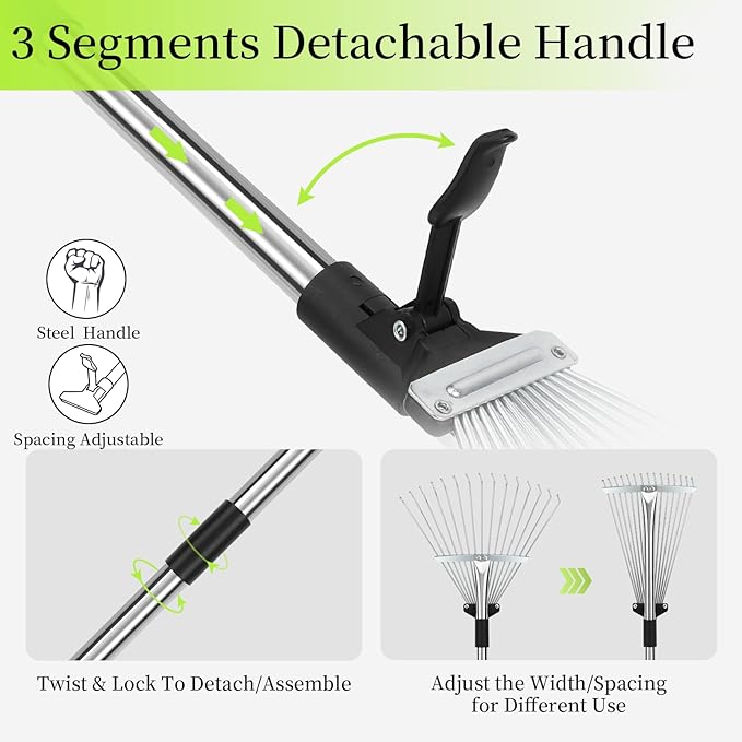 68" Heavy Duty Rake, Metal Leaf Rake with Detachable Handle, Garden Rakes for Leaves with Expandable Tines,Leaf Collector, Rakes for Lawns Heavy Duty Leaves, Debris