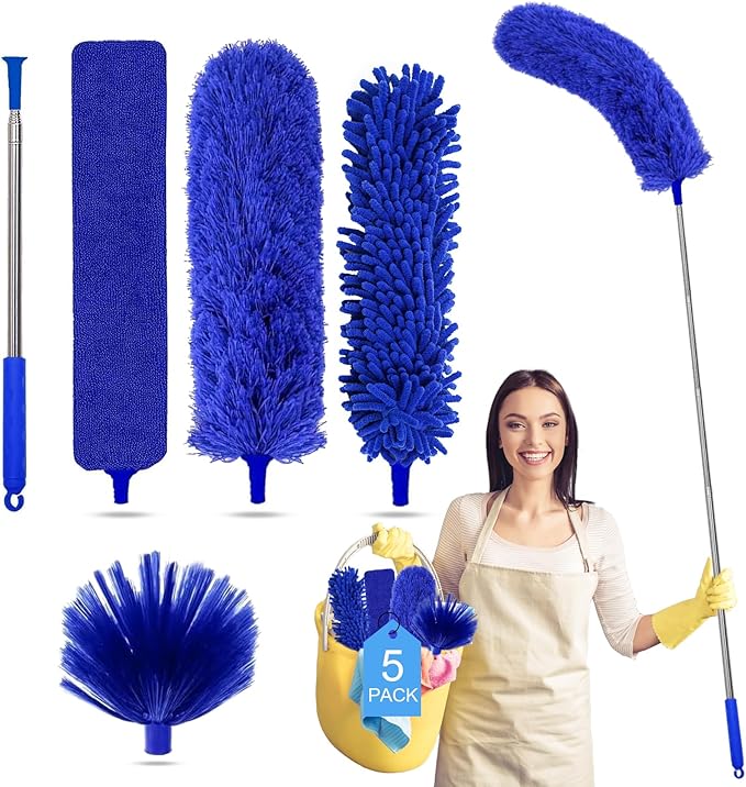 Dusters for Cleaning,Microfiber Feather Duster 5-in-1 Kit, Duster with Extension Pole 100 Inches, Cobweb Duster, Microfiber Dusters for High Ceilings and Fans, Blinds and Cars