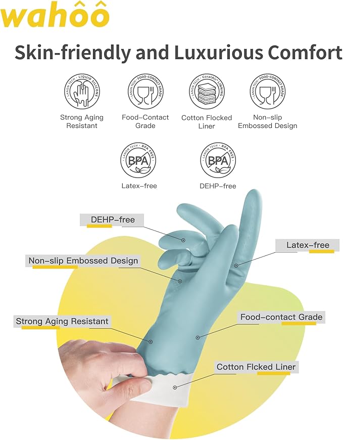 LANON Protection wahoo Skin-Friendly Dishwashing Cleaning Gloves, Dishwashing Kitchen Gloves with Cotton Flocked Liner, Non-Slip, Surf Spray, Large