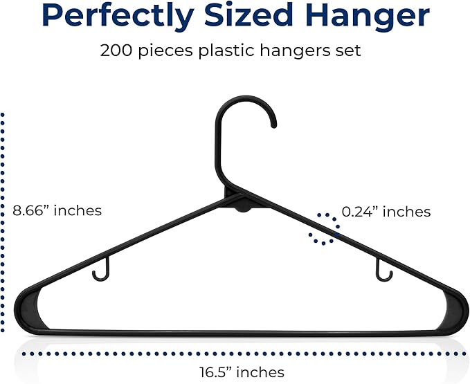 SereneLife Plastic Hangers 200 pcs, Non-Slip Heavy Duty Clothes Hanger Set with 360° Swivel Hook, Smooth Finish to Protect Fabric, Lightweight, Ultra-Thin Hangers for Coats and Other Clothes (Black)