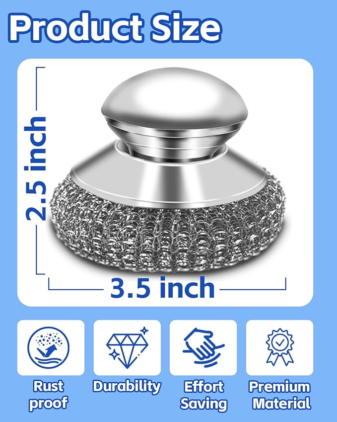 Stainless Steel Scrubber with Handle, Heavy Duty Steel Wool Scrubbers for Pots and Pans, Cast Iron, Steel Wool Scouring Pads for Stove, Oven, Grill, Kitchen, Sink Cleaning