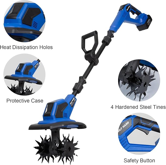 BILT HARD 20V Cordless Tiller Cultivator, 8.7'' Working Width Battery Powered Garden Cultivator, 300RPM Electric Tiller for Lawn, Gardening, Soil Cultivation (4.0AH Battery and Charger Included)