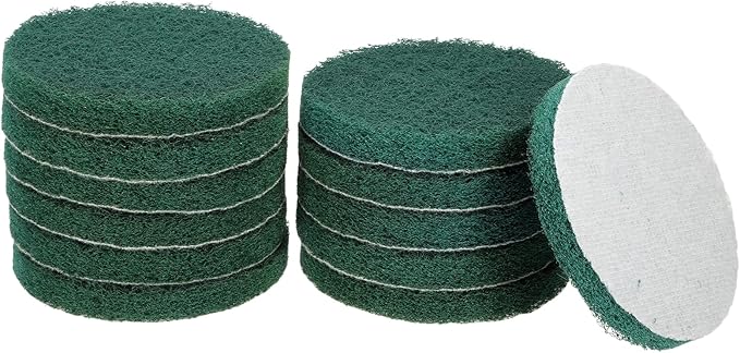 HARFINGTON 12pcs Scrubber Scouring Pads 180 Grits 5 Inch Drill Power Brush Hoop and Loop Surface Conditioning Disc Drill Scuffing Disc Scrub Pads for Home Kitchen Cleaning, Green