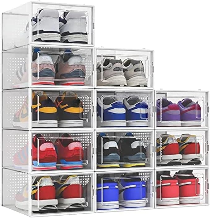 Seseno 12 Pack Shoe Organizer Storage Bins Clear Plastic Stackable Shoe Boxes for Closet, Space Saving Foldable Shoe Storage Case, Sneaker Storage Shoe Box Container