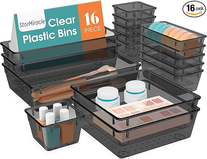 StorMiracle 16 PCS Drawer Organizer Set, 5 Varied Size Bathroom and kitchen Drawer cabinet organizer Trays, Clear Storage Bins for Makeup, Jewelry, Utensils and Gadgets, Black