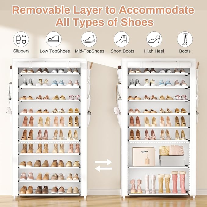 VTRIN Tall Shoe Rack with Cover, 10 Tier Shoe Organizer Storage for 50-55 Pairs Shoes and Boots Large Capacity Shoe Shelf with 8 Pockets Free Standing Shoe Rack for Closet, Entryway, Garage, White