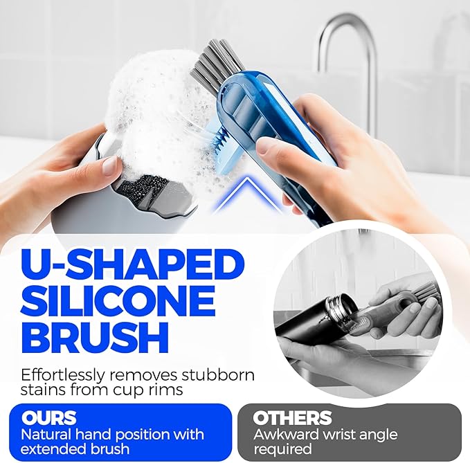 6 Pack Holikme 4 in 1 Cup Lid Cleaning Brush Set with 3 Straws, Multifunctional Bottle Brush, Silicone Cup Lid Gap Cleaner, Durable Bristle Crevice Cleaning Brush, Navy