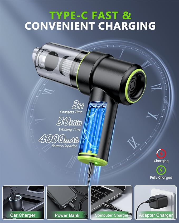 CODN Handheld Car Vacuum Portable Cordless, 2 in 1 Handheld Vacuum Cleaner 12000PA Air Duster with Multi-Nozzles and LED Light, Mini Hand Held Vacuum Rechargeable for Home, Car, Office, Pet Hair