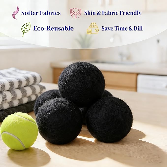 Wool Dryer Balls 6-Pack XL - Natural Reusable Laundry Fabric Softener, Reduces Wrinkles & Drying Time, Hypoallergenic, Leaves Fabrics Naturally Soft and Fluffy (Black)