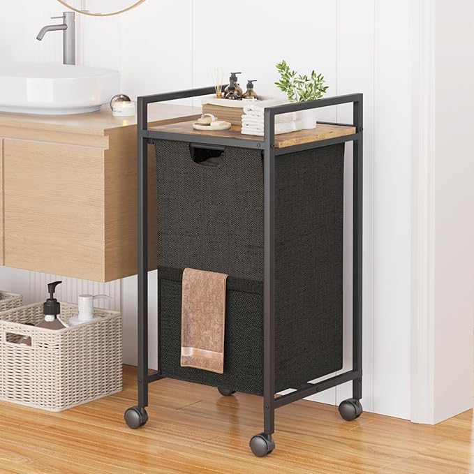 Laundry Hampers,Laundry Basket， Laundry Sorter with Top Shelf & Removable Washable Bags & Side Pockets for Laundry Room organization, Bathroom and Dorm, Rustic Brown and Black