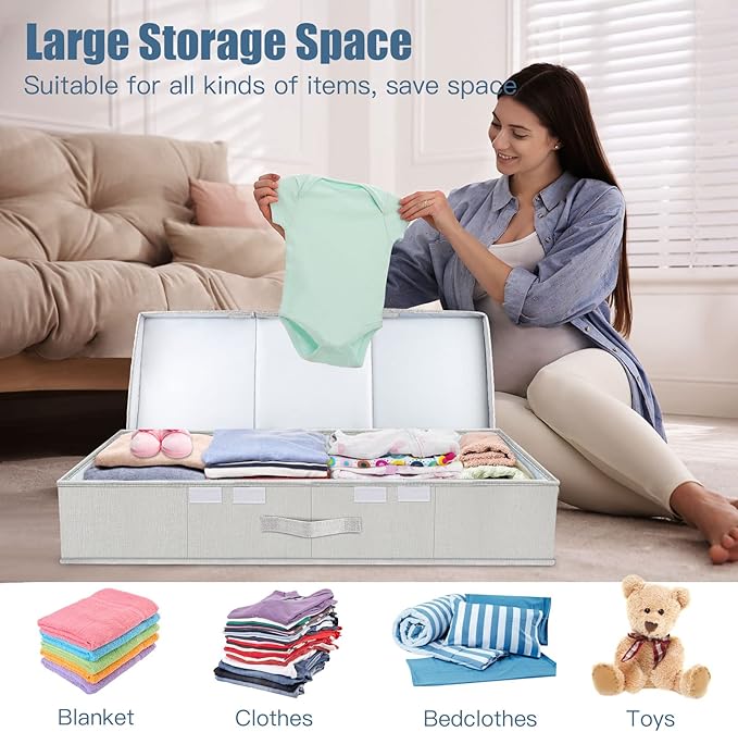 Supowin Underbed Storage Containers Bin with Lids, Large Under Bed Storage Organizer Box with Handle, Foldable Under the Storage Bags for Organizing Clothes, Shoes, Blankets, Pillows