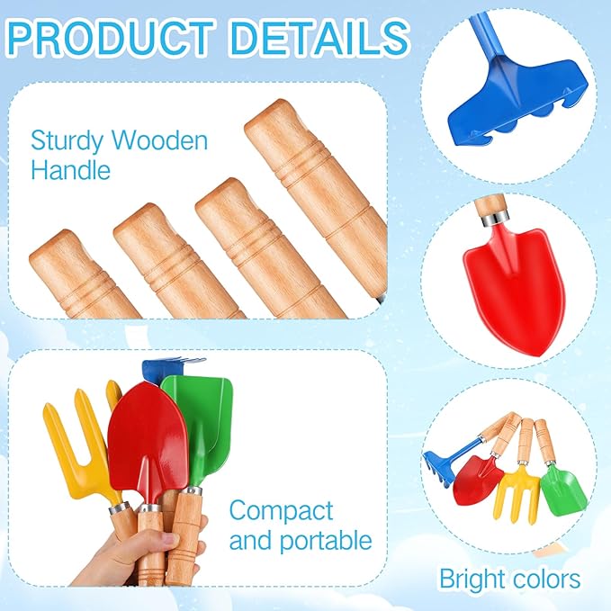 8" Kids Gardening Tools, Metal Beach Sandbox Digging Toys with Wooden Handle, Including Shovel, Rake, Fork and Trowel, Garden Sand Snow Tools for Children Gift Outdoor Gardening(48 Pcs)