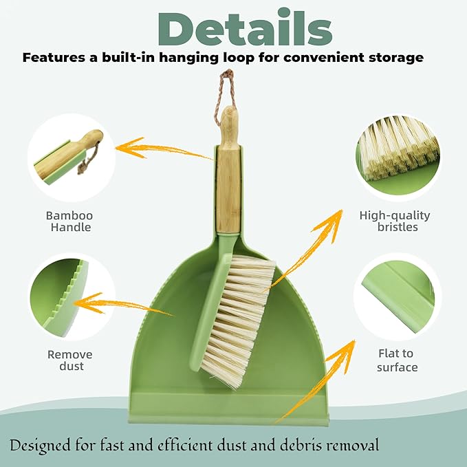 Dust Pan and Brush - Hand Broom Dustpan Set, Broom with Dustpan Como Set, Dustpan and Brush Set for Pet, Car, Dorm, Comping (Green)