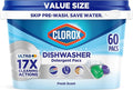 Clorox Ultra+ Dishwasher Detergent Pacs, 60 Count, Stain Fighting, No Prewash Needed, Removes Burnt-on Food, Crisp Fresh Scent Pods - Packaging May Vary