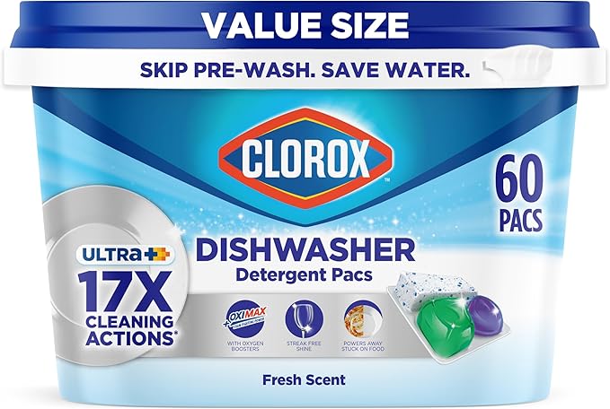 Clorox Ultra+ Dishwasher Detergent Pacs, 60 Count, Stain Fighting, No Prewash Needed, Removes Burnt-on Food, Crisp Fresh Scent Pods - Packaging May Vary