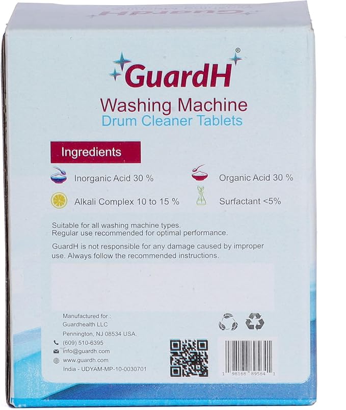 GuardH Washing Machine Drum Cleaner Tablets 12 Count 216g Deep Cleaning and Descaling Tablets for HE and Standard Washers Removes Residue Odor and Buildup Phosphate and Chlorine Free