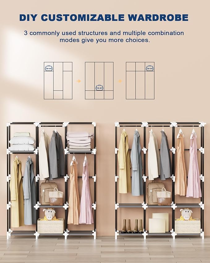 Mavivegue Portable Closet, 50 Inch Wardrobe Closet, Portable Closets for Hanging Clothes with 3 Hanging Rods and 6 Storage Shelves for Bedroom, Gray