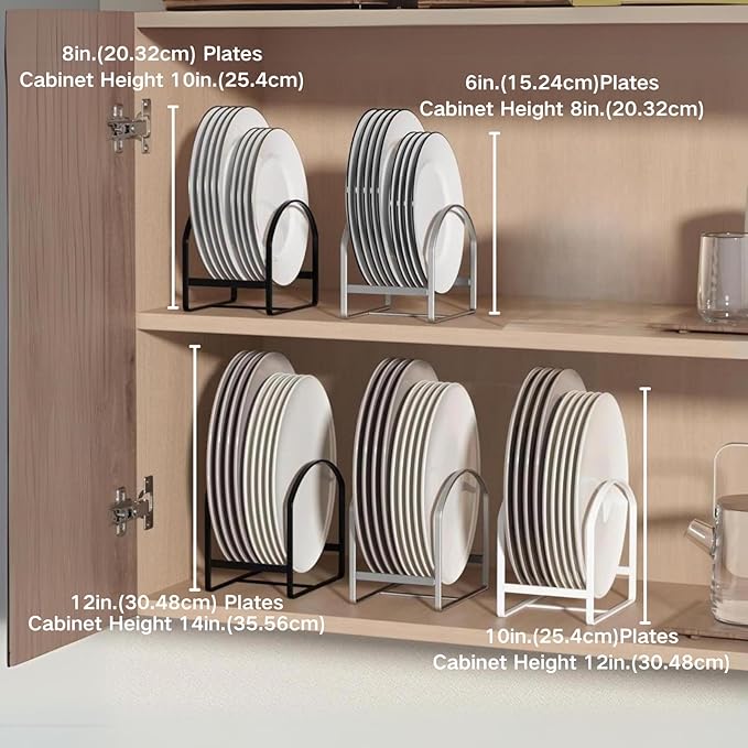 4 Pack Kitchen Plate Holder Organizer for Cabinet Space Saver Dinner Dish Plate Storage Rack Upright Dish Drying Racks Metal Dish Racks Stand for Cupboard and Countertop 2 Large 2 Small Black