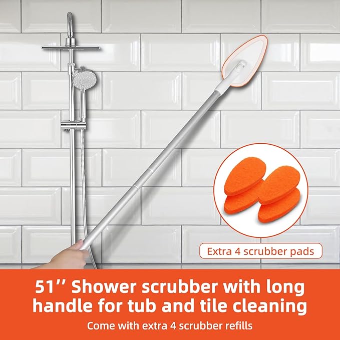 Qaestfy Bathtub Scrubber, Adjustable Long Handled Scrub Brush with 51 Inch Handle, 5 Non-Scratch Scouring Pads for Cleaning Tile Shower Bathroom Vessel Sinks Toilet Wall Floor
