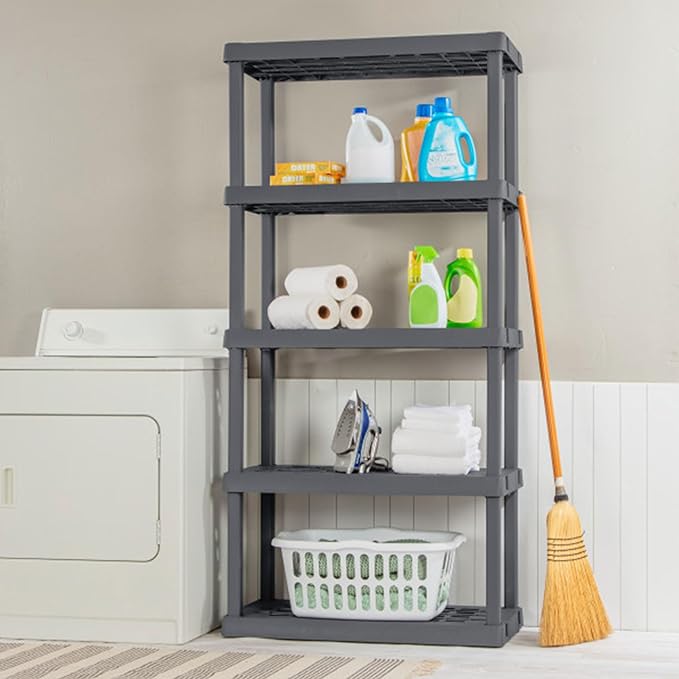Sterilite 5 Shelf Unit, Heavy-Duty Shelving Storage Rack for Home and Garage, Gray - Multipurpose Plastic Organizer Shelves for Smart Organization