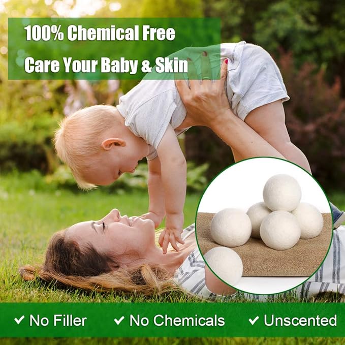 KINTOR Wool Dryer Balls XL 6 Pack, 100% New Zealand Wool Organic Fabric Softener, Hypoallergenic Baby Safe Unscented, Chemical Free Reduce Wrinkles Static Cling, Shorten Drying Time (XL-6pack)