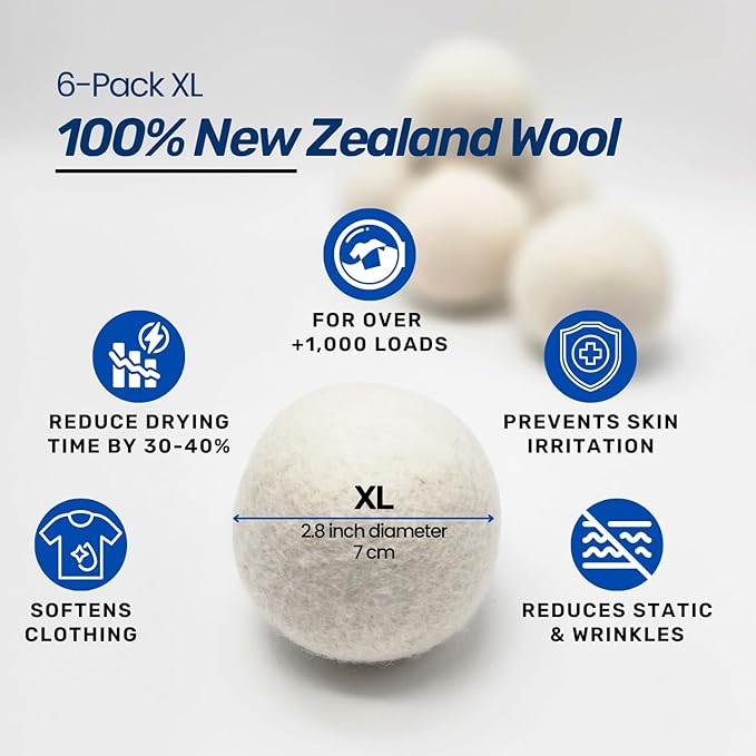Magnetic Dryer Ball Holder Plus 6 XL Wool Dryer Balls from New Zealand Wool- Laundry Dryer Balls Storage Containers: Easy Install Without Tools, Magnetic Basket for Dryer Balls