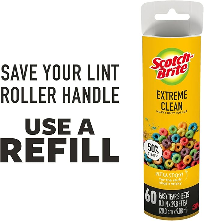 Scotch-Brite Extreme Clean Large Surface Lint Roller Refills, 8 in x 29.8 ft, 50% Stickier, 60 Easy Tear Sheets Each, 2 Pack (120 Sheets Total)