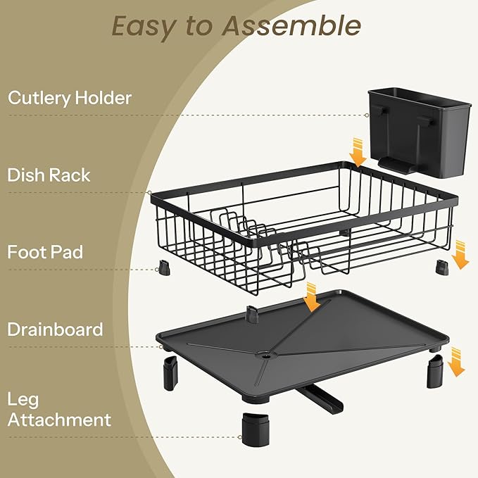 SNTD Dish Drying Rack - Space-Saving Dish Rack for Kitchen Counter, Stainless Steel Dish Drainer with Utensil Holder and Drainboard, 11" W x 15" L (Black)
