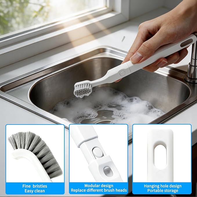 Hard Bristle Crevice Cleaning Brush Set with 4Pcs Brush Heads & 2Pcs Handles, Multifunctional Grout Brush Tools for Kitchen, Bathroom, Sink, Corner, Mug, Blender, and Hard-to-Reach Areas