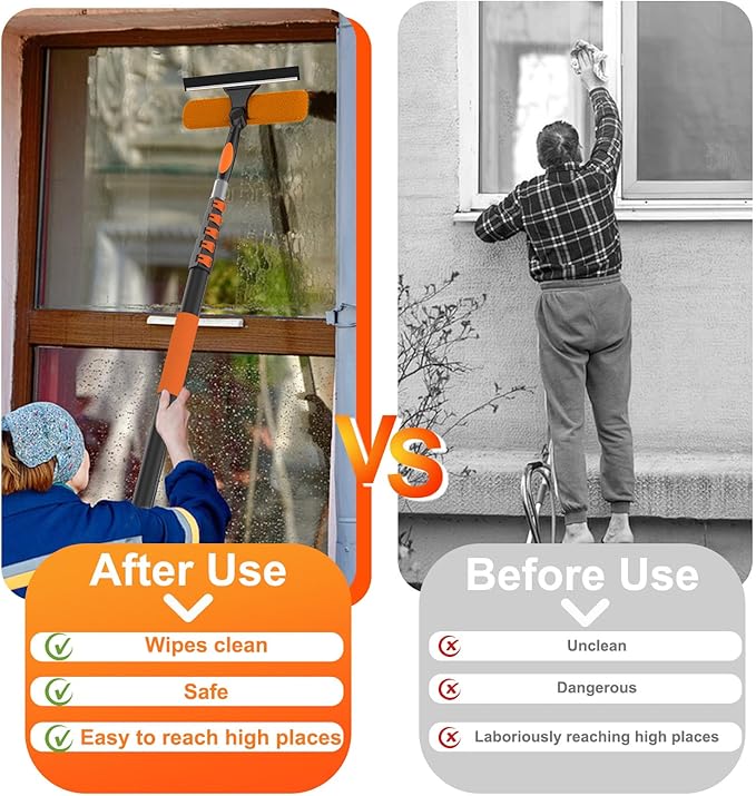30FT Window Squeegee with Extension Pole, 2-in-1 Squeegee for Window Cleaning, Professional Cleaning Kit for Home with 24FT Telescoping Pole for Outdoor Indoor Use