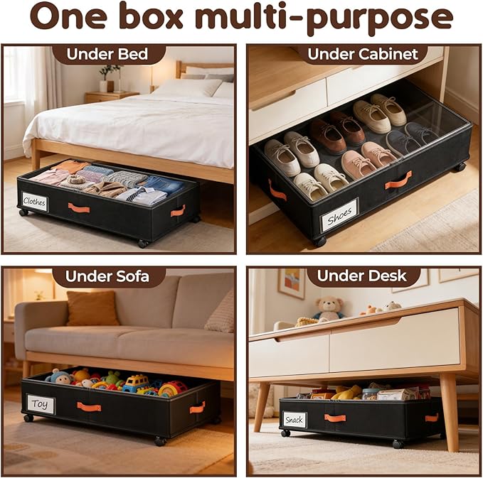 Under Bed Storage with Wheels 2-Pack, Under Bed Storage Containers 66L Clear Lids, Rolling Storage Drawers for Clothes Shoes Blankets, Underbed Organizer Bins(30" L x 16.2" W x 7.5" H)