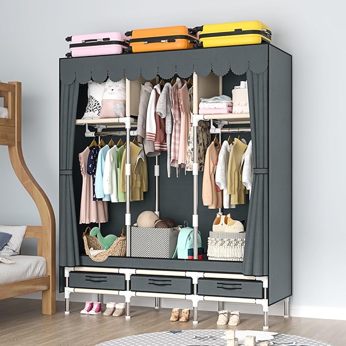 Portable Armoire Wardrobe Closet with 3 Drawers and 3 Hanging Rods,Cloth Closet Wardrobe Cabinet for Hanging Clothes,Grey Cover,for Clothing,Bedding,51 in Width