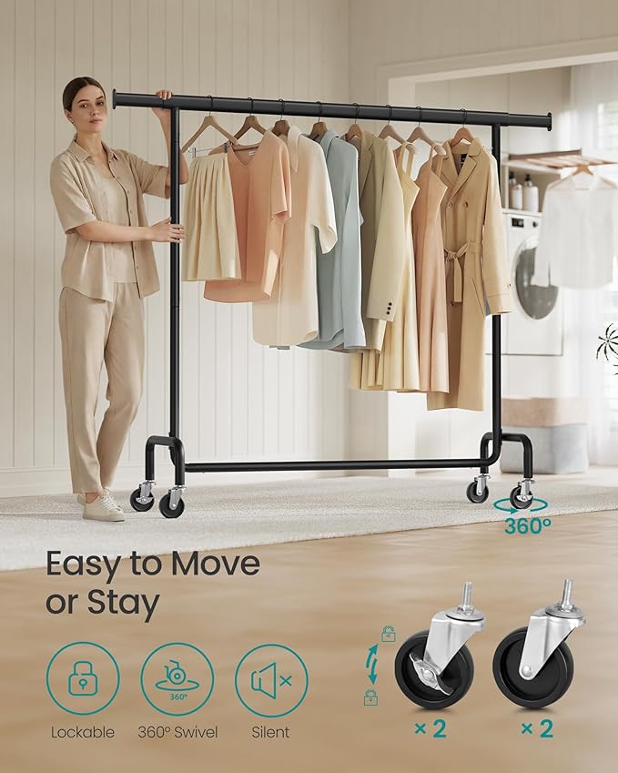 SONGMICS Clothes Rack with Wheels, Heavy-Duty Garment Rack with Extendable Hanging Rod, 286.6 lb Load Capacity, 17.7 x (43.3-59.1) x 64.1 Inches, Chrome-Plated, Matte Black UHSR011B01
