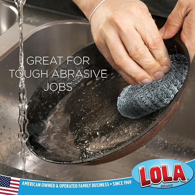 LOLA Steel Wool Wire Mesh Scouring Pad, 2 Pack, 4" Jumbo, Galvanized Steel, Heavy Duty Cleaning, Abrasive Scrubber, for Pots, Pans, Ovens, Grills