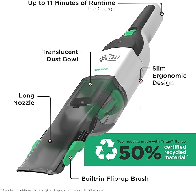 BLACK+DECKER 8V MAX reviva Handheld Vacuum, Cordless, Transparent Dustbowl (REVHV8J40)