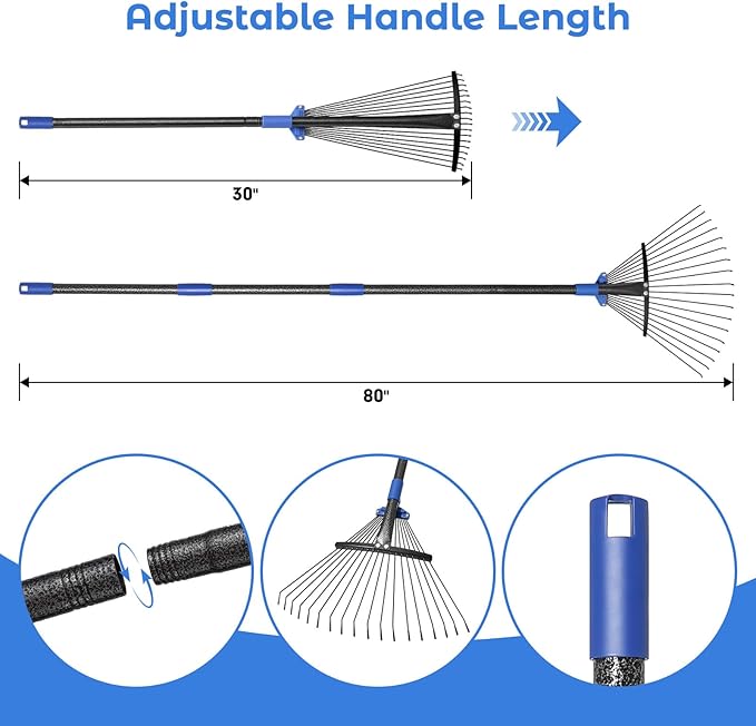 Heavy Duty Garden Leaf Rake-Adjustable Metal Rake with 8-17" Expandable Head,Yard Rakes for Leaves,Grass,Lawns,Shrubs,Flower Beds,Camping,Outdoor Cleanup,Ideal for Women & Kids