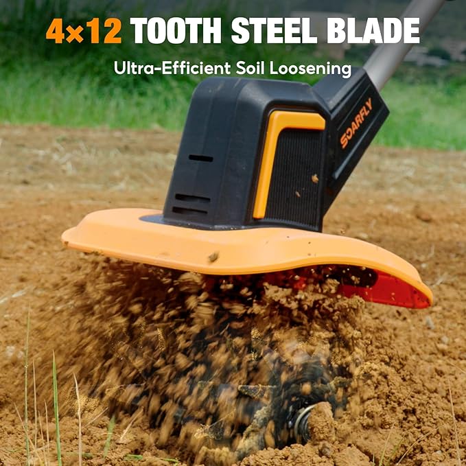 Upgraded Cordless Tiller for Gardening with Dual 2.0Ah Batteries, 48 Steel Tines Battery Rototiller, 9" Width 6.6" Depth Garden Tiller Cultivator for Soil, Tending & Composting (Orange)