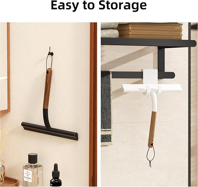 Shower Squeegee for Shower Glass, Bathroom Glass Cleaning Tool with Hook Mount, Squeegee for Glass Doors, Window Cleaning, Tile Shower Walls (White+Wood)