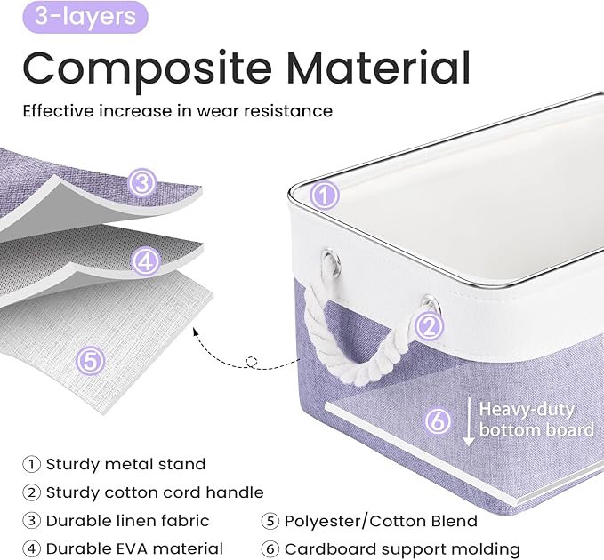 Storage Baskets for Shelves 13.8x9.8x6.7 Inch-Foldable Fabric Organizing Storage Bins with Handles, Closet & Bathroom Organizer, Home Storage for Kitchen, Office (6-Pack, White&Purple)