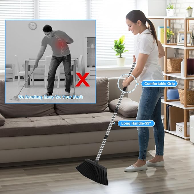 Heavy Duty Angle Broom, 55-Inch Long Handle Extra Wide 12.6 Inch Head, Stainless Steel Tube & PP Bristles for Pet Hair and Dust, Floor Safe - Black