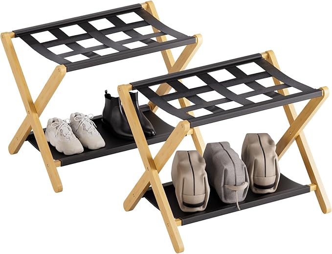 HITNET Luggage Rack 2 Pack, Folding Suitcase Stand for Guest Room, Bamboo Luggage Holder with Storage Shelf for Hotel Bedroom, Natural