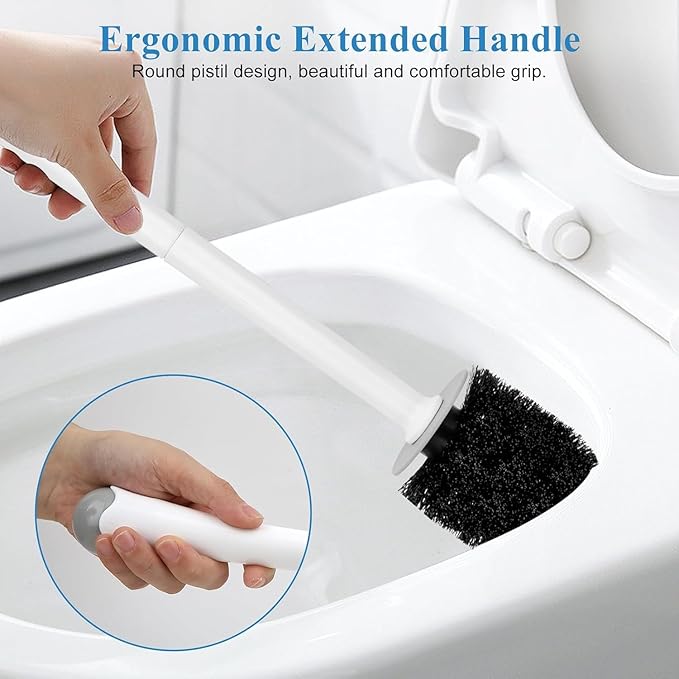 Toilet Brush and Holder, Toilet Bowl Brush with Long Handle, Plastic Holder Easy to Hide, Drip-Proof, Easy to Assemble, Deep Cleaning