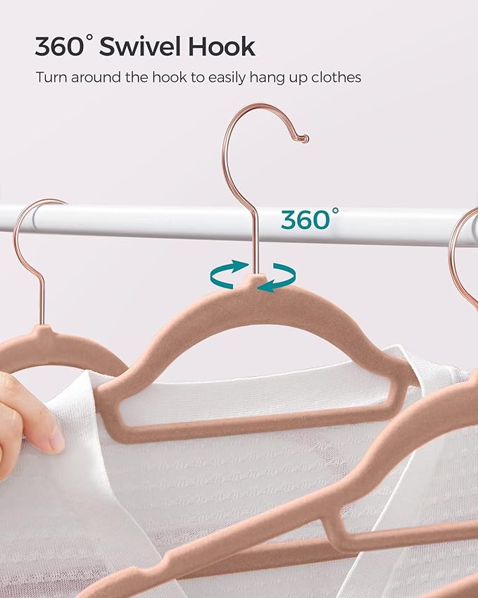 SONGMICS Velvet Hangers, Set of 50 Clothes Hanger with Rose Gold Swivel Hook, Non-Slip, and Space-Saving, 0.2-Inch Thick, 17.1-Inch Long for Coat, Shirt, Dress, Pants, Tie, Caramel Brown UCRF021LB50