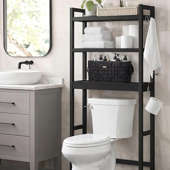 Kathfly Black Toilet Paper Storage Basket with Lid Wicker Woven Bathroom Basket Toilet Paper Holder Holds up to 6 Mega Rolls Woven Organizer for Home Bathroom Kitchen Offices