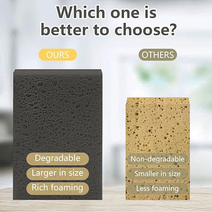 Cellulose Sponges, Large Size 4" x 6" x 1" - Heavy Duty Scrub Kitchen Sponge, Clean Tough Messes Without Scratching Kitchen Cleaning Pads, Pop Up Eco DIY (6 Pack), Black