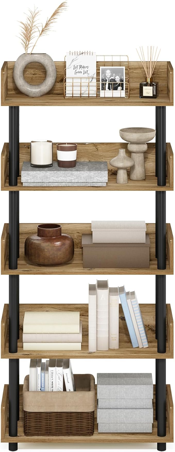 Furinno TURN-N-TUBE 4-Tier Display Shelf, Storage Shelves, Book Shelf, Open Shelves with Rounded Corner Top Edges, for Organization and Storage, Living Room, Home Office, Flagstaff Oak