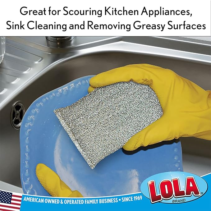 LOLA Wonder Non-Scratch Scouring Pad, 4 Pack, Large Knitted Flat Wire Cloth Fibers w/Foam Sponge Core, Assorted Colors (Gold or Silver)