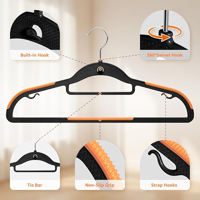 Yolife Cascading Plastic Clothes Hangers 20 Pack with Inner Hook for Vertical Storage, Slim Space Saving Hangers with Non-Slip Pads, 360° Swivel Metal Hook, Versatile, Black & Orange
