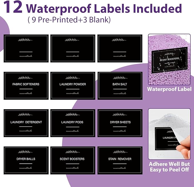 COAZEX 4+1 Pack Clear Laundry Pods Container & Dryer Sheet Holder, Plastic Square Laundry Room Organization and Storage Jars with Black Lids, Scoops & Labels for Detergent, Powder, Dryer Balls