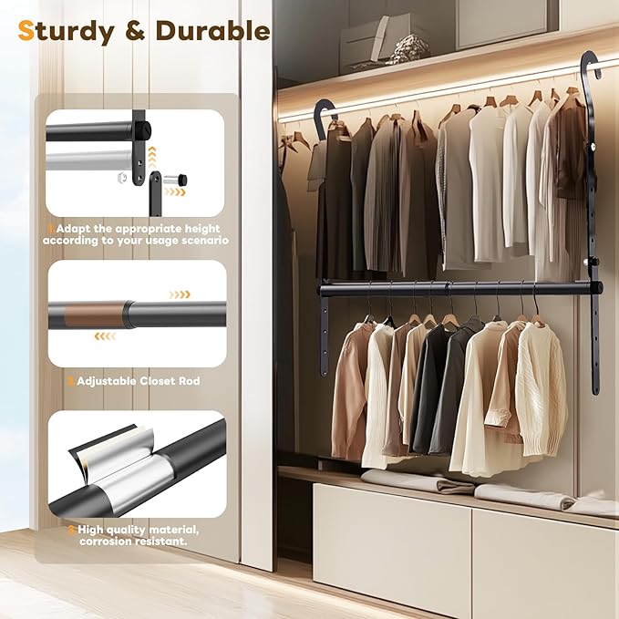 Mavivegue 2 Pack Adjustable Closet Rods for Hanging Clothes, Heavy Duty Closet Hanging Rod, Double Hanging Closet Rod, Space-Saving Closet Extender Hanging Rod, Black
